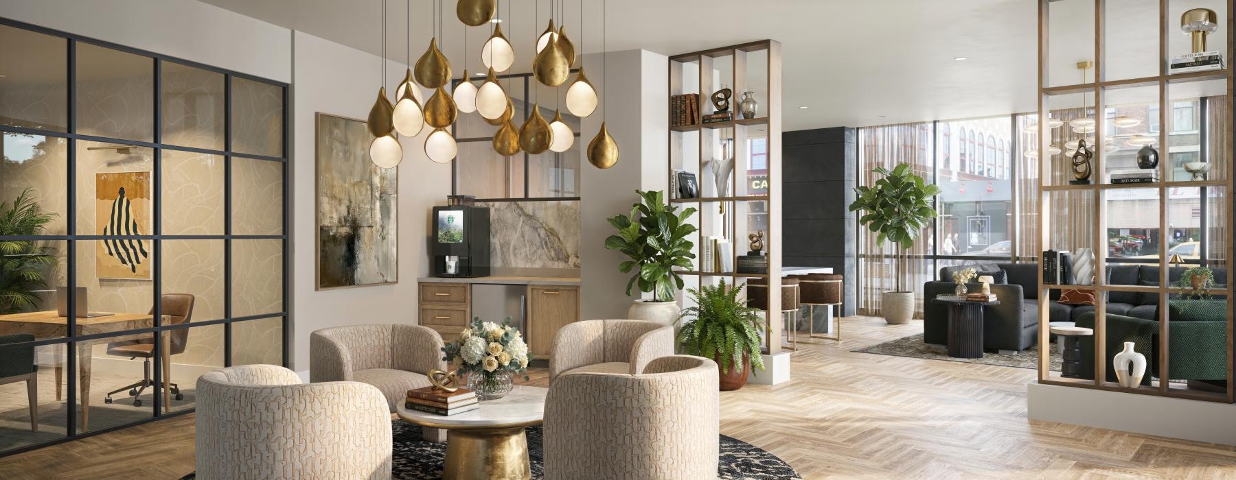 a large room with a chandelier and chairs