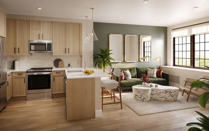 a kitchen with a large island and a spacious naturally-lit living area