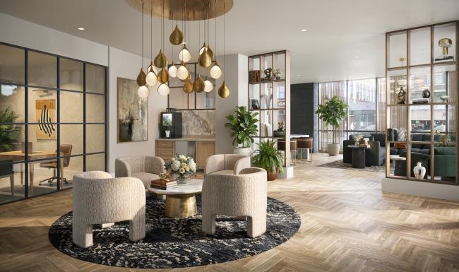 a large room with a chandelier and chairs
